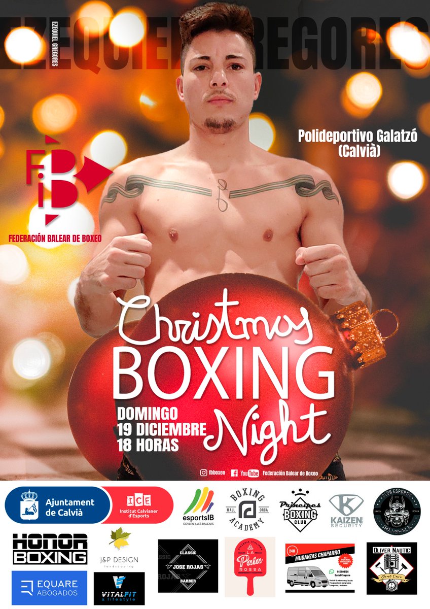 BalearBoxeo's tweet photo. El próximo domingo día 19 de diciembre, a partir de las 18 horas, el polideportivo municipal de Galatzó, en Calvià, acogerá la última velada de boxeo del año.

Con la participación de uno de nuestros boxeadores profesionales más carismáticos Ezequiel Gregores. https://t.co/WIL1YyAQHm