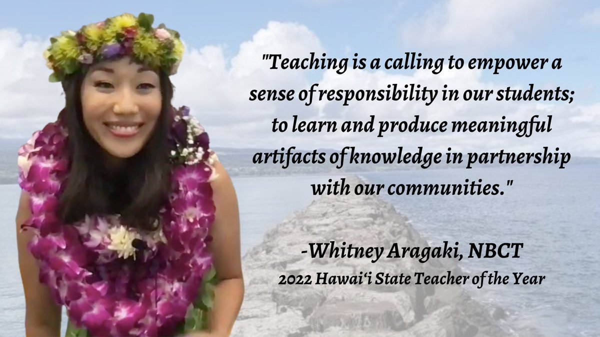 Whitney answers the call every. single. day to empower, center, stretch, &amp; inspire students to serve, honor, &amp; uplift their communities. She is so deserving of this honor &amp; I am incredibly proud to have Whitney as our 2022 Hawaiʻi State Teacher of the Year! <a href="/HIDOE808/">Hawai‘i Public Schools</a> <a href="/sayuri_neko/">Whitney Aragaki, PhD, NBCT</a>