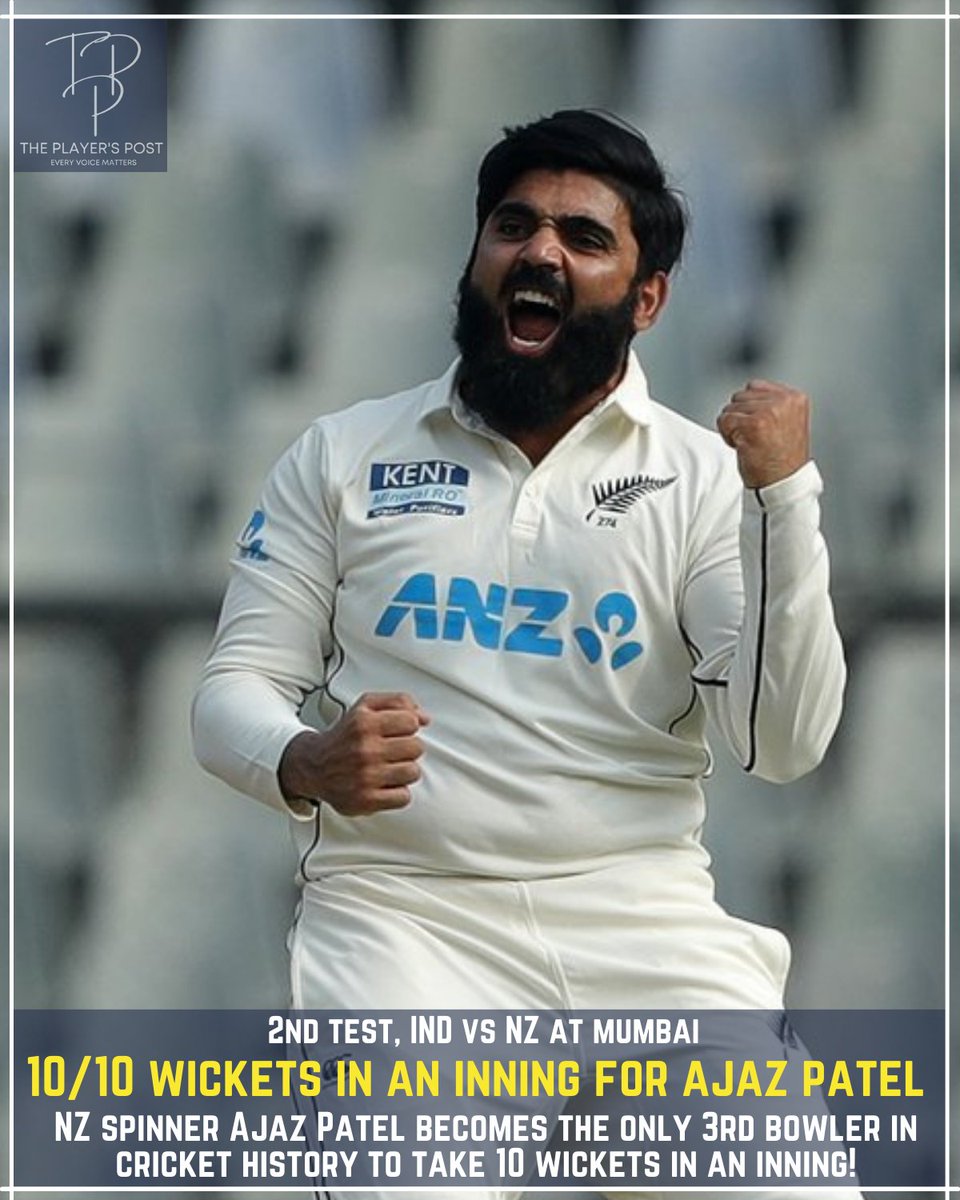 theplayerspost's tweet photo. #AjazPatel becomes the only 3rd bowler in cricket history to take 10 wickets in an inning!

1)Jim Laker- England vs Australia (1956 at Manchester)
2)Anil Kumble- India vs Pakistan (1999 at Delhi)
3)Ajaz Patel-NewZealand vs India (2021 at Mumbai)

#IndvsNZtest #INDvzNZ https://t.co/C88umxvLMX