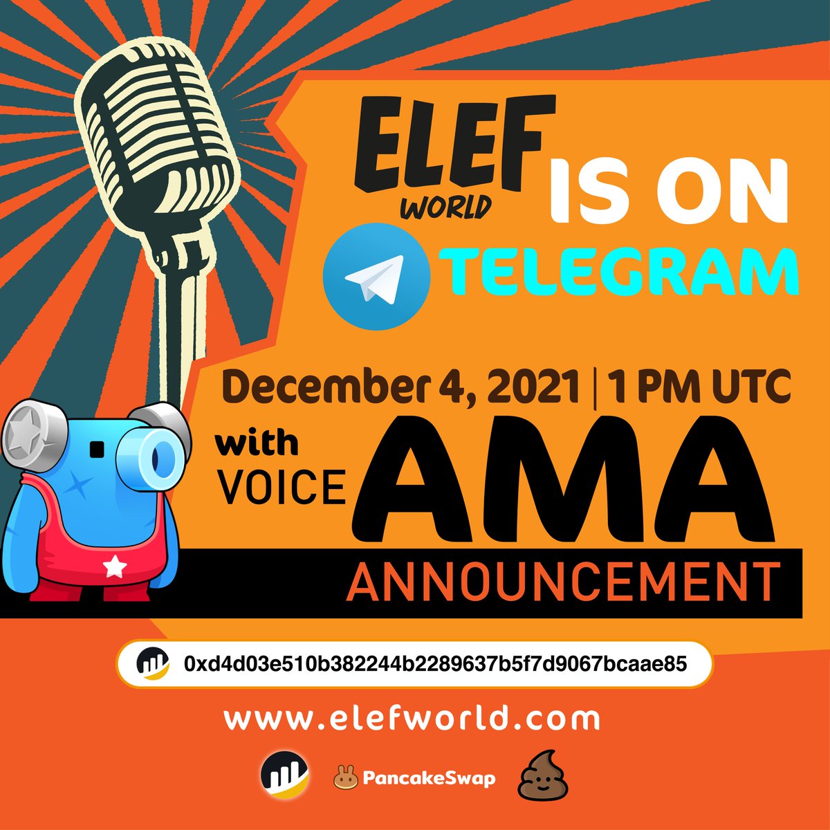 Hello ELEFWORLD,

We will have a Voice AMA announcement in Telegram today, December 4, 2021, 1 PM UTC. 

You may participate using this link: t.me/elefworldglobal

#ELEF #ELEFWORLD #ELEFARMY #BSC #ELEFUPDATE #ELEFANNOUNCEMENT