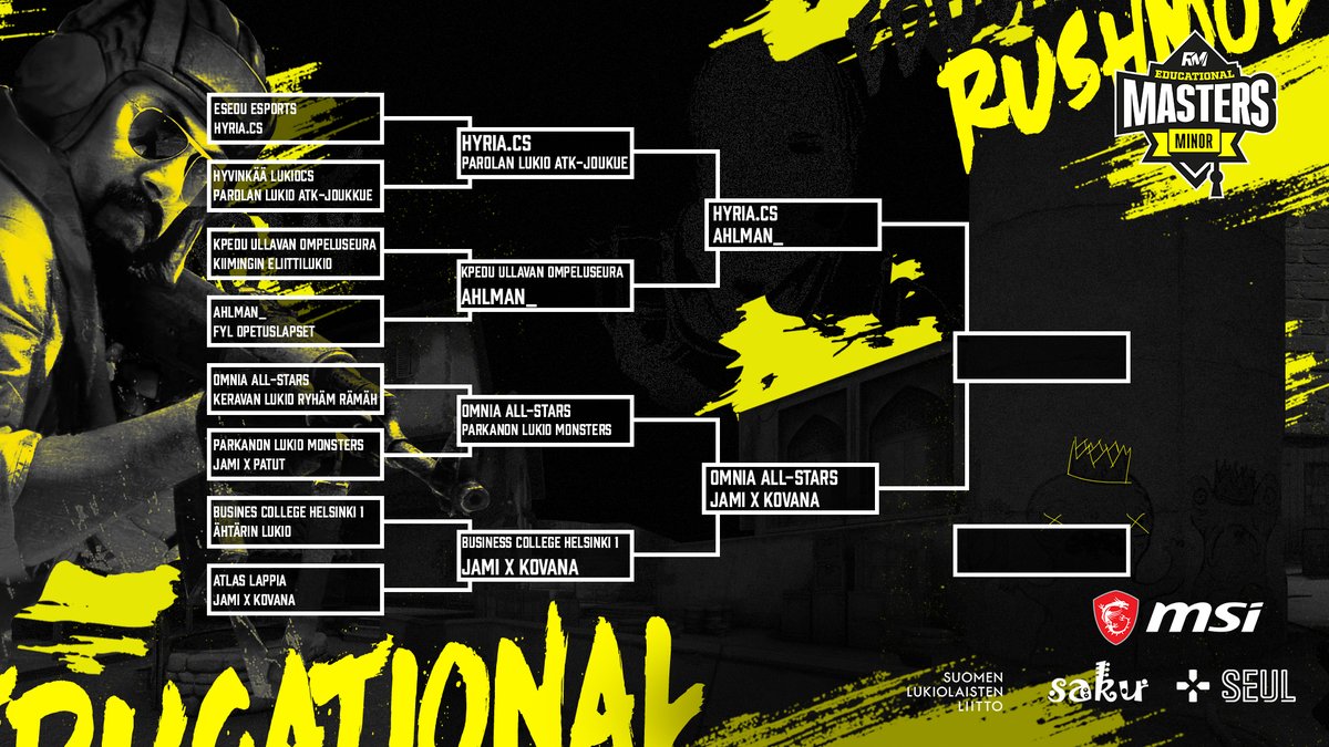Sunnuntaina taas mennään #EducationalMasters Minorin merkeissä! 🔥

🕓 16:00 Hyria.cs vs. Ahlman_
🕖 19:00 OMNIA ALL-STARS vs. JAMI X KOVANA

Ketkä pääsee finaaliin?

📺 twitch.tv/rushmode_tv

#esportsfi #csgofi