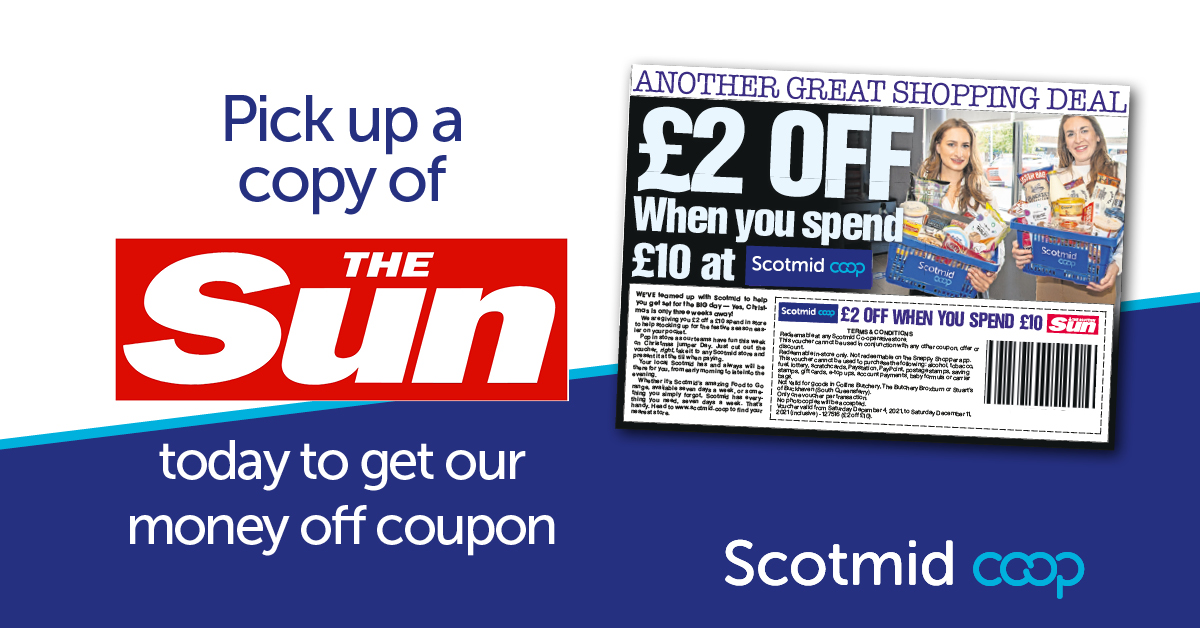 Scotmid's tweet image. We have a £2 off a £10 spend in today's Scottish Sun. 
Pick up a copy and spend in your local store today!!
#ThatsHandy