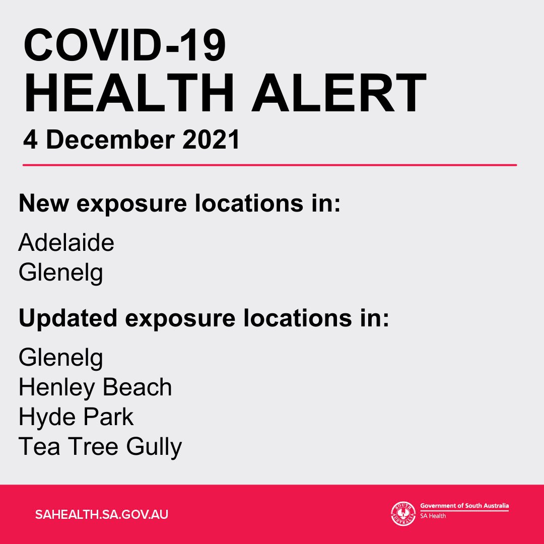 SAHealth's tweet photo. COVID-19 HEALTH ALERT 4 December 2021

SA Health has identified new COVID-19 exposure locations and has updated advice for COVID-19 exposure locations in South Australia.

More information is available at https://t.co/4sJYadglJu https://t.co/GE7HHoAodx