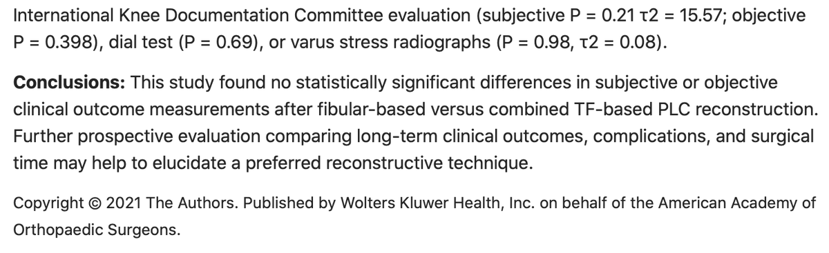 DrBryanSaltzman's tweet photo. Pleased to share the results of our #MetaAnalysis in @OfficialJAAOS GR&amp;R demonstrating comparable clinical outcomes after fibular or combined tib/fib based #Reconstruction of the #PosterolateralCorner of the #knee 

#orthotwitter @TMoormanMD @DavidTrofaMD @OCResearchInst https://t.co/5NKCZ8kMRZ