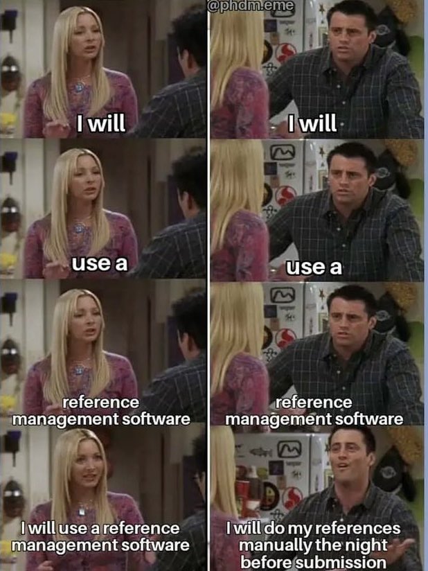 Both Mendeley and Endnote are quite simple to use. I use Endnote for my work and would be happy to teach anyone who wants to learn. 

Don’t be like Joey!! <a href="/PhDsofIndia/">PhDs of India</a> <a href="/PhDVoice/">PhD Voice - Independently Run</a> #phdchat