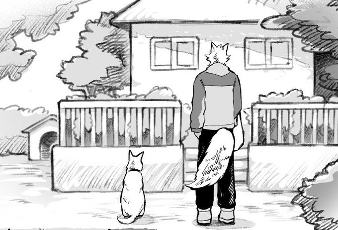 結構このふたりの後ろ姿気に入ってたりする☺️(あと🐺くんは近所さんへ渡すちょっとした品を持ってたりする) 