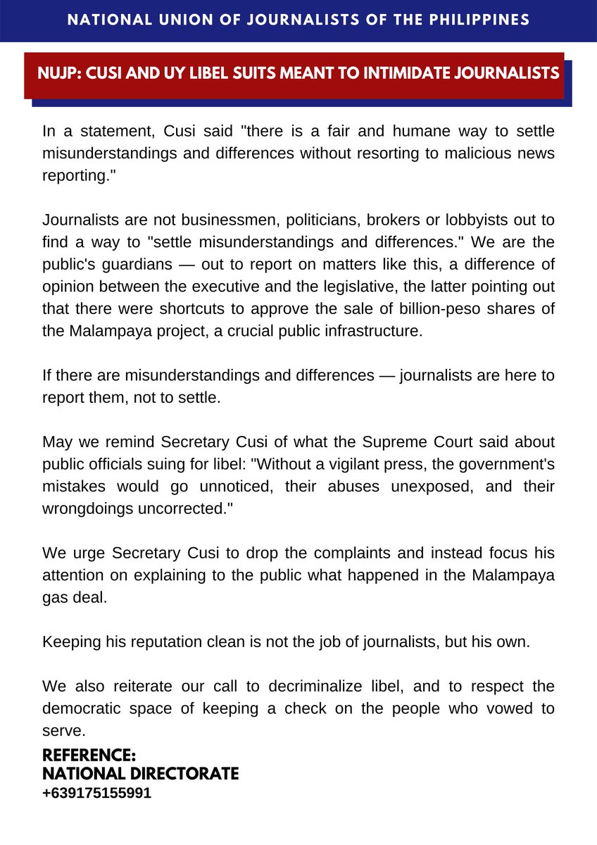 nujp's tweet photo. [Statement] Cusi and Uy libel suits meant to intimidate journalists https://t.co/t3PSWKNBpa