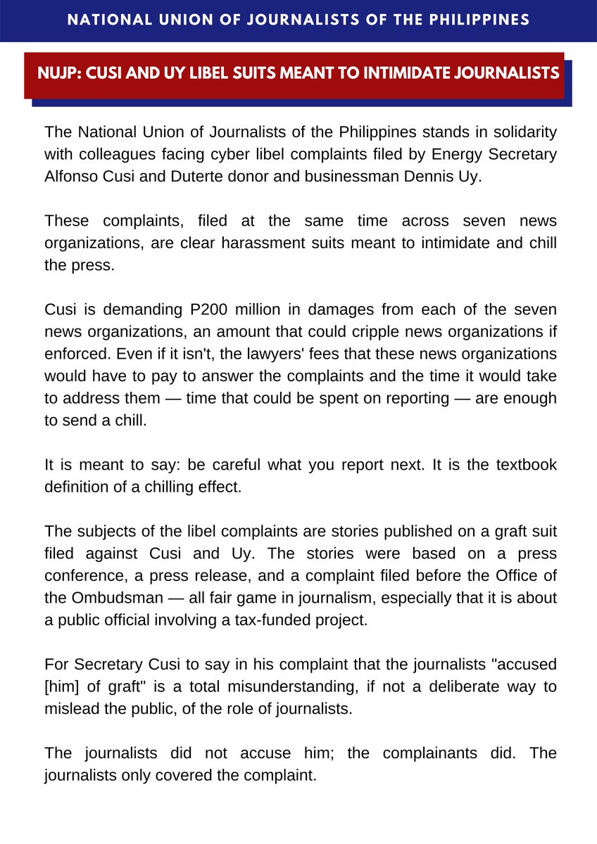 nujp's tweet photo. [Statement] Cusi and Uy libel suits meant to intimidate journalists https://t.co/t3PSWKNBpa