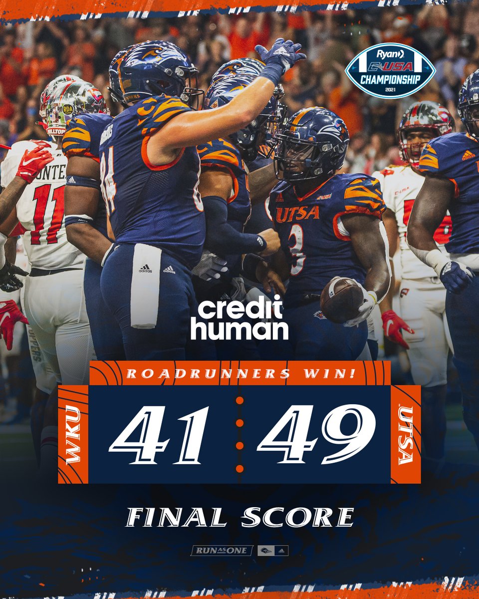 FINAL! UTSA (12-1) claims the first conference championship in school history with a thrilling shootout win over WKU on Friday! NEXT: UTSA awaits bowl selections, to be announced on Sunday. 

🔗 bit.ly/3olBlIE

#BirdsUp 🤙