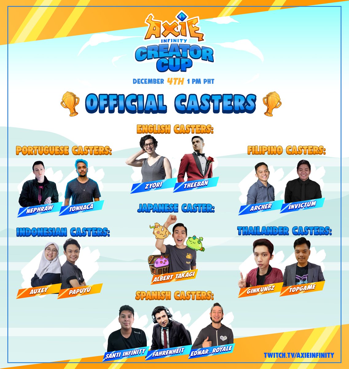 AxieInfinity's tweet photo. The Axie Creator Cup is live!

English stream: https://t.co/o63x8CXoF4

PH stream: https://t.co/yrKiAXwN9Z https://t.co/skQGIg78Af