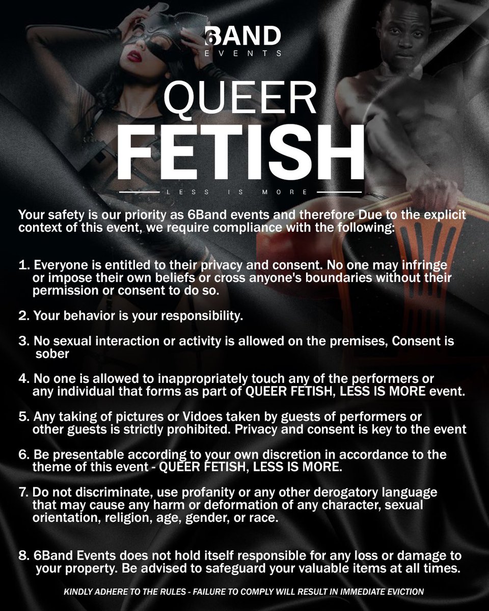Iam__tshepi's tweet photo. Queer Fetish Rules - No compliance will result in immediate eviction! We will not tolerate violation of others or the abuse of others! 
Video/Photography compliance is very important. 
We still require your best behaviour at this naughty party. 
Otherwise have responsible fun 💋 https://t.co/tFFaRMGtCF