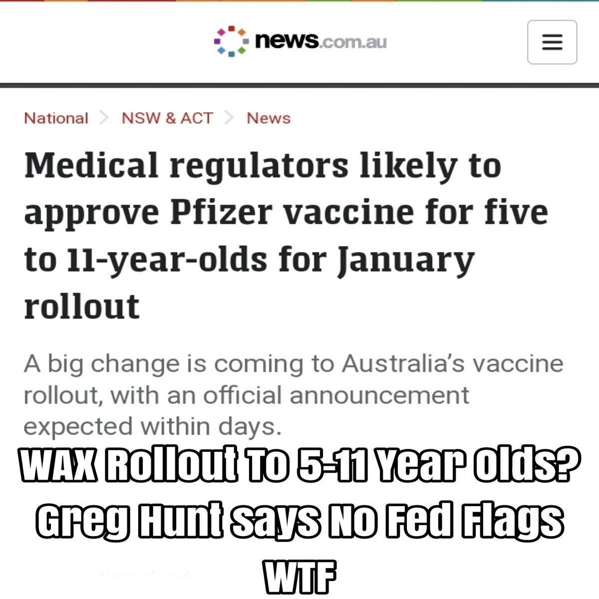 veritas__vox's tweet photo. Aus 🇦🇺 WAX rollout for 5-11 year Olds about to be approved...This is Insane 👇👊 https://t.co/8X44dkPsFt
