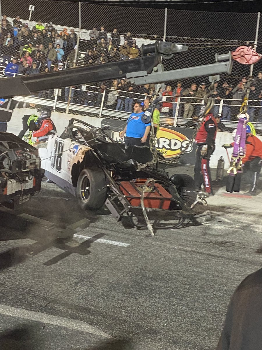 ShortTrackPics's tweet photo. Hunter Johnson’s truck contrasted with what his helmet looked like after the wreck. Holy shit. This adds another level to how terrifying that wreck was. https://t.co/cphi1tw6Cr