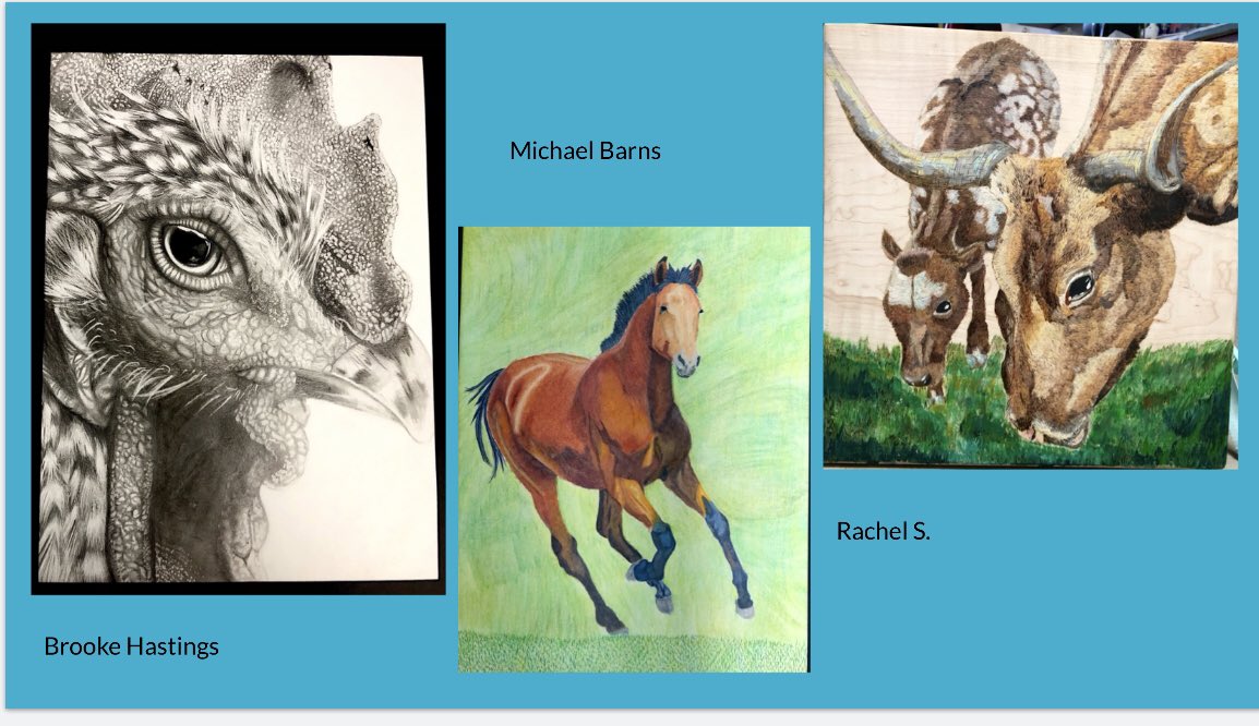 NellAnd01630252's tweet photo. Check out CLHS 2021 San Antonio Western Art pieces. These 12 art students worked really hard on their pieces. Wish them good luck! #comalfinearts #thelakeisrising @CLHS_Principal @schumanncarla1 @martylenard #rodeoart @Supt_comalisd https://t.co/QYUejlDdz1