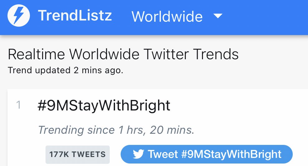 ฮือออออออ ที่ 1 เทรนโลก 😭😭😭😭😭😭😭
#9MStayWithBright 
#bbrightvc
