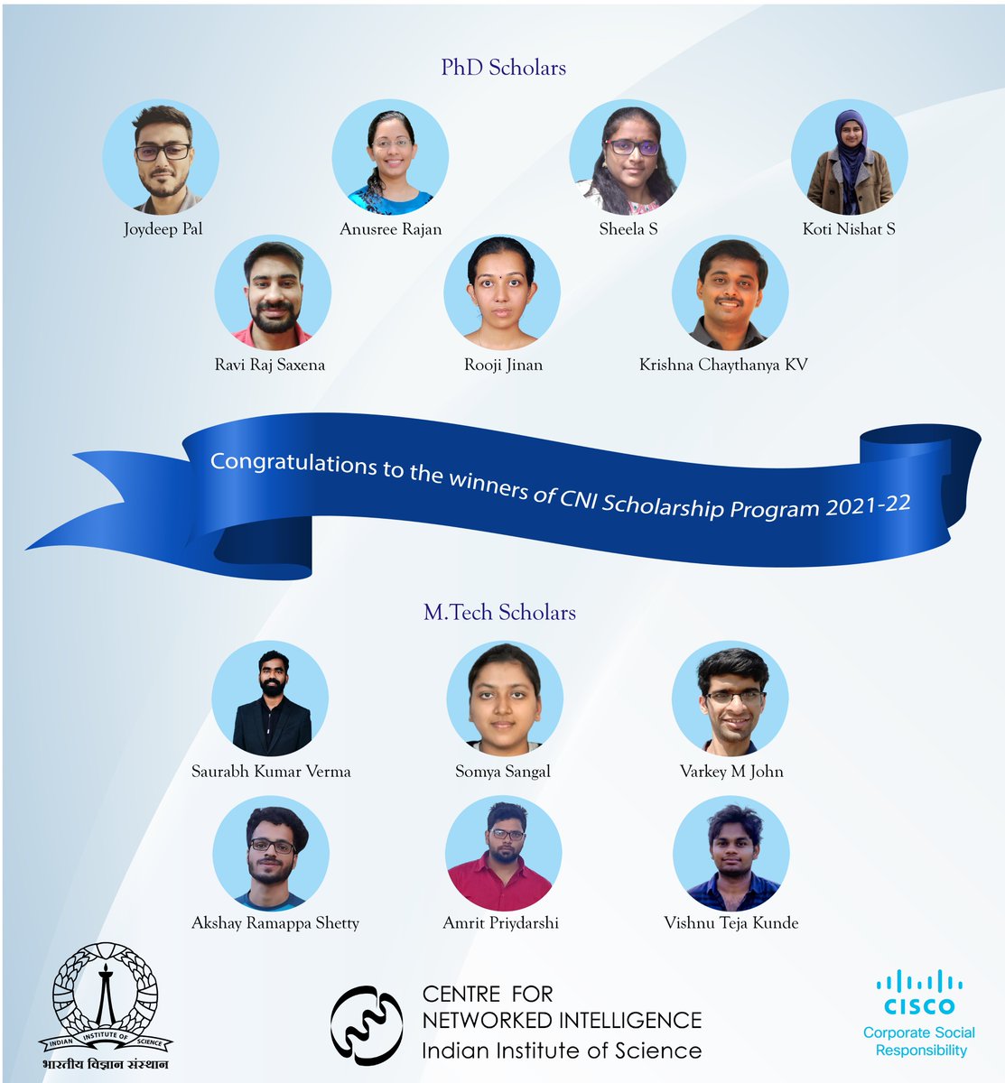 iiscbangalore's tweet photo. 13 PhD and MTech students have been selected to receive scholarships supported by Cisco India under CSR, and awarded by @cni_iisc. Grateful to @cisco_in for their support! https://t.co/fAMM6ow6lp