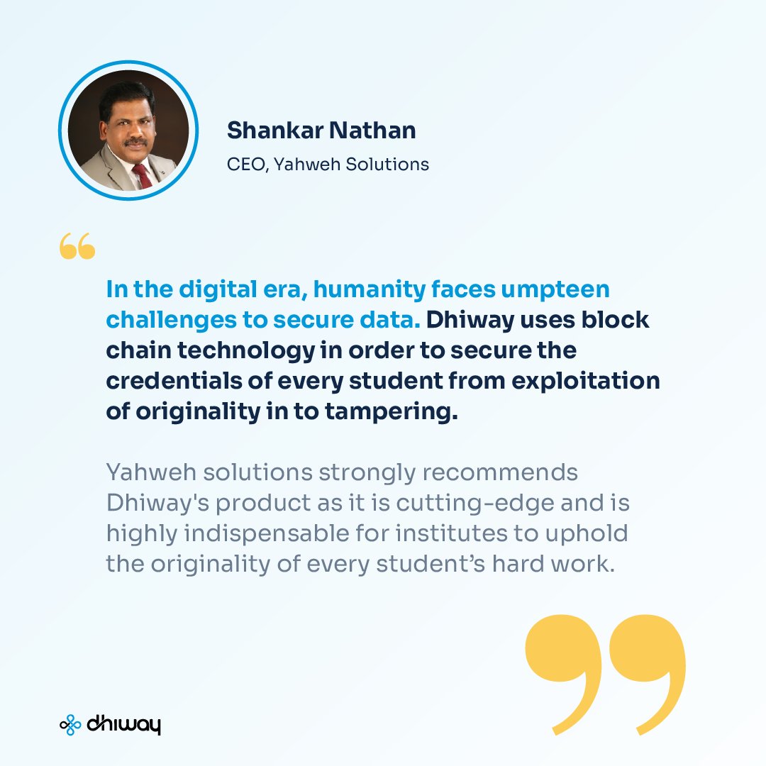 dhiwaynetworks's tweet photo. Thank you, Shankar Nathan, CEO of Yahweh for this amazing testimonial!
Customer service is so important to us, and we're glad to have delivered!
#testimonial #business #digital #markstudio #marks #digitalcredentials #dhiway https://t.co/6umxQagrnm