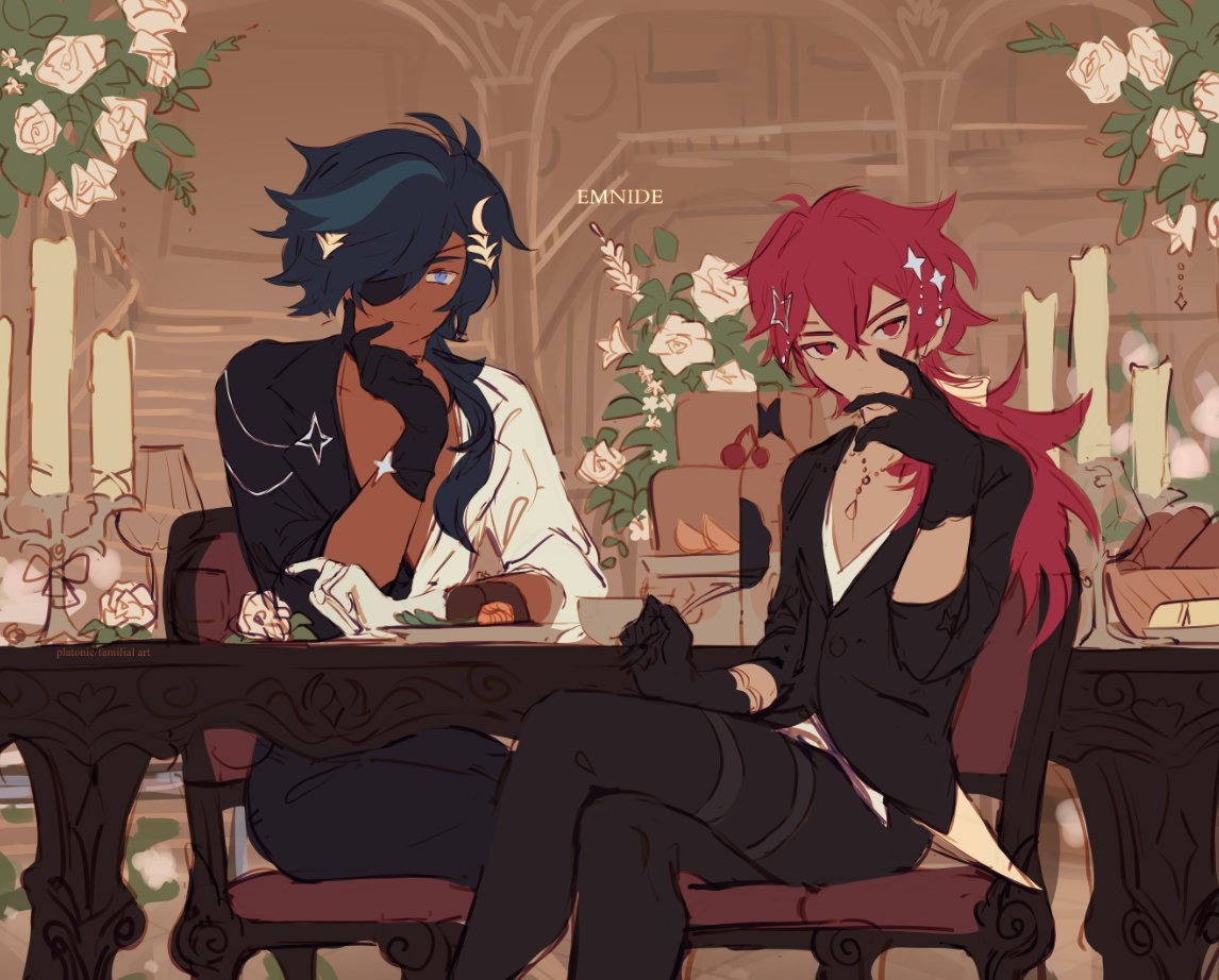 progress shots and composition explanation! its very frame-within-a-frame, done subtly. also i didnt want them to obviously be vampires, since this is in the perspective of someone not knowing what will happen! kaeya and diluc worked hard to make a nice dining area!!!! 