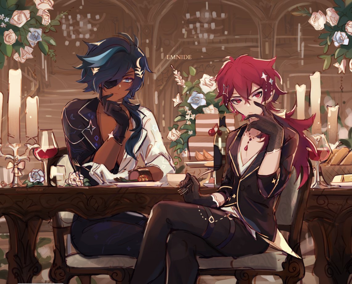 progress shots and composition explanation! its very frame-within-a-frame, done subtly. also i didnt want them to obviously be vampires, since this is in the perspective of someone not knowing what will happen! kaeya and diluc worked hard to make a nice dining area!!!! 