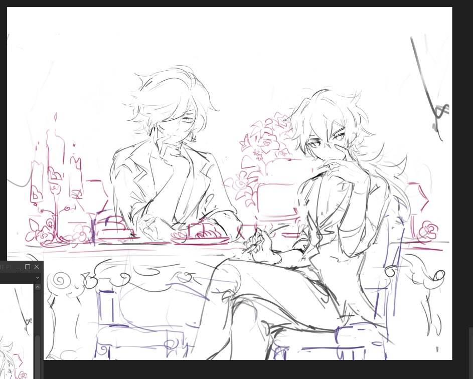 progress shots and composition explanation! its very frame-within-a-frame, done subtly. also i didnt want them to obviously be vampires, since this is in the perspective of someone not knowing what will happen! kaeya and diluc worked hard to make a nice dining area!!!! 