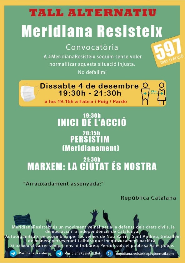 Meridianes! Avui us convoquem a una nova jornada combativa.👇

"Molta gent se n'ha cansat. La classe política no fa passos ferms, tenim més de 40 sancionats per la policia i, fins i tot, un judici per atemptat a l'autoritat i hem suportat queixes dels veïns i agressions". M.A.⤵️