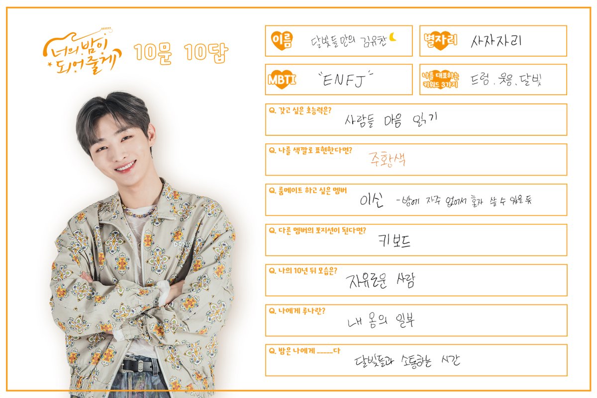 yourknight_twt's tweet photo. <너의 밤이 되어줄게> 10문 10답📝
바쁜 와중에도 흔쾌히 답변해주신
루나 멤버들과 인윤주님께 감사드립니다😉
⠀
SBS 매주 [일] 밤 11시 5분
#너의밤이되어줄게 #정인선 #이준영 
#장동주 #김종현 #윤지성 #김동현 https://t.co/9IkVhTWdVT
