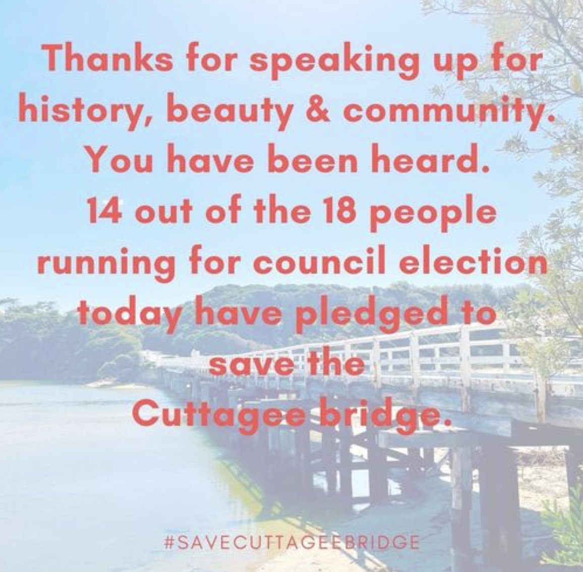 SaveCuttageeBr1's tweet photo. People have been speaking out, and many candidates have listened… 14 out of 18 candidates pledging to protect our heritage wooden Cuttagee Bridge is a big win already! Polls close at 6 pm. #SaveCuttageeBridge! @begavalleyshire #bermagui https://t.co/xFiHqsBT7W