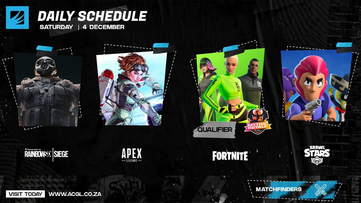 ⏰ Today's cups get underway at 14h00:

⚒ #MythicRoyale #Fortnite 
6️⃣ #RainbowSixSiege 
🅰️ #ApexLegends 
📱 #BrawlStars 

📝 Sign up for free here: acgl.co.za/t

#GamingZA #gaming #EsportsZA #esports #AfricanEsports #FortniteZA #FNZA #R6ZA #R6africa #ApexZA #BrawlZA