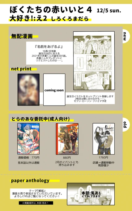 12/5『ぼくたちの赤いいと4』のお品書きです。
■無配漫画(27歳×26歳の誕生日)全年齢16頁
■ネットプリント(誕生日絵)
■既刊通販紹介
【ペーパーアンソロ(テーマ『嫉妬』)】参加させていただきました。
『ドウとセイのあいだ』全年齢8ページ。DLは本部にて!
#ぼくたちの赤いいと4
 #あかあしハピバ 