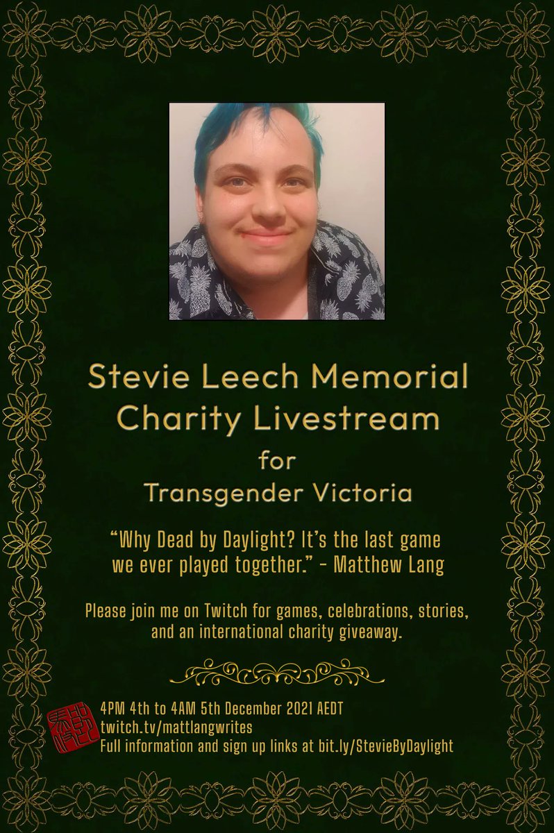 Come join us at twitch.tv/mattlangwrites for more DBD <a href="/DeadByBHVR/">Dead by Daylight</a> in support of <a href="/transgendervic/">Transgender Victoria | TGV</a>. Joining me in the next two hours are twitch.tv/octotrash__, twitch.tv/alexandrierose, twitch.tv/kiikinar and Stevie's high school friend <a href="/FireFaerie_/">Emma Kate she/her - for tax purposes I am a cat😻</a>. Do I get food yet?