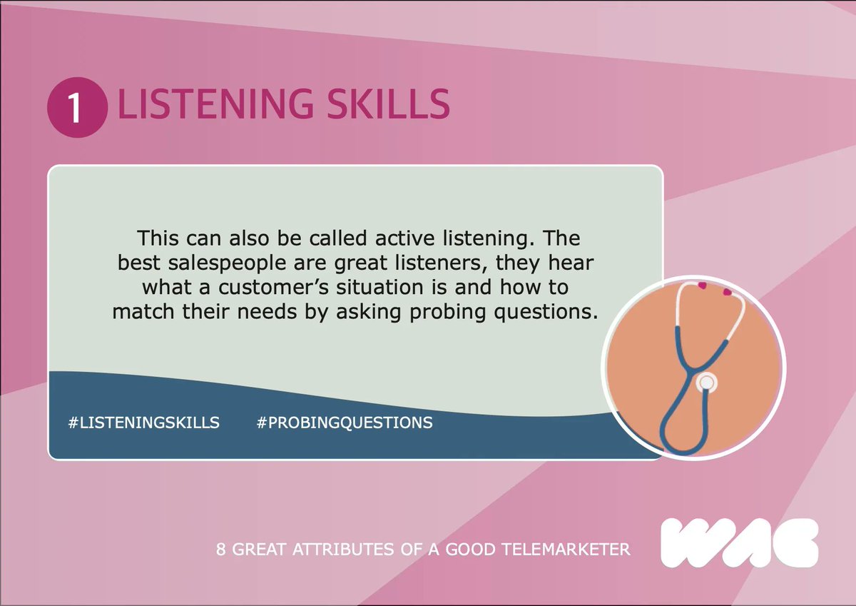 wagassoc's tweet photo. 8 Great Attributes for a Good telemarketer 1/8 Listening skills This can also be called #activelistening. The best sales people are great listeners, they hear what a customers situation is and how to match their needs by asking #probingquestions. #listeningskills #tipsbywag https://t.co/d8Pl2yecWC