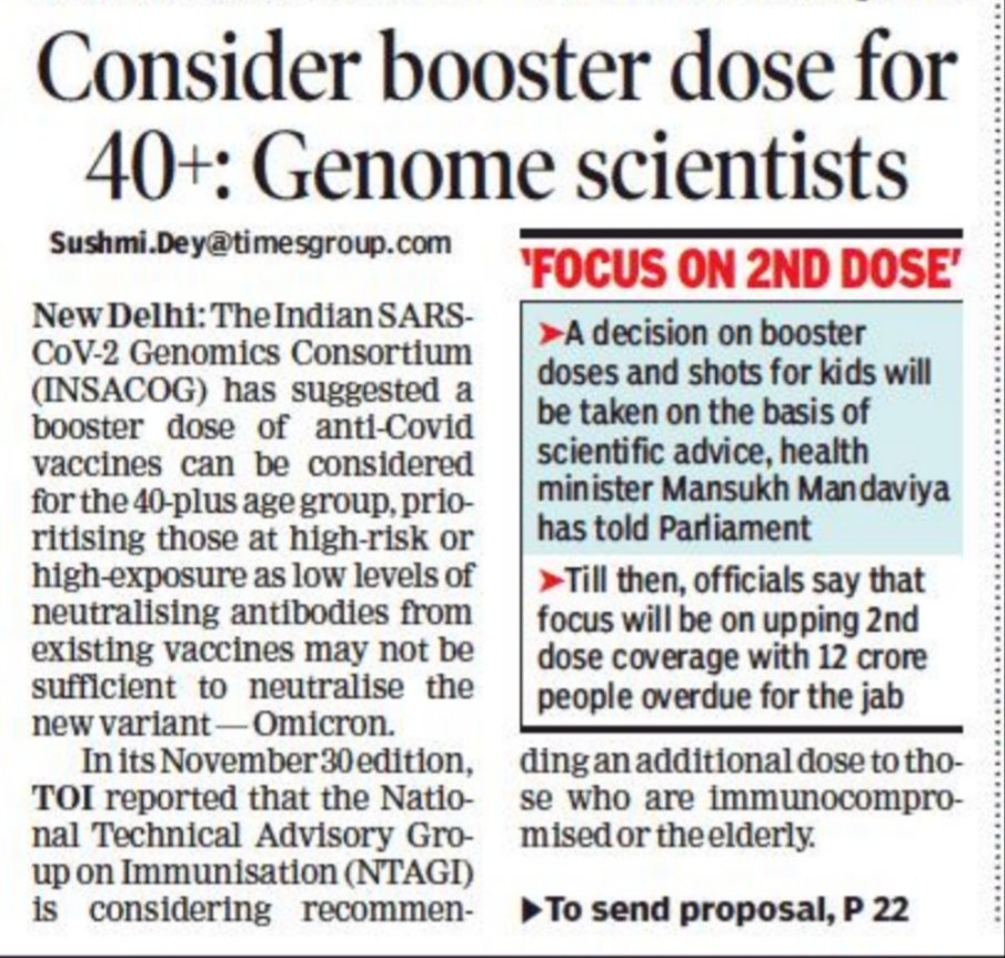 sushmi_dey's tweet photo. Consider #BoosterShots for those above 40yrs n above with preference to those at high risk : #INSACOG
My report @timesofindia
#boosters #BoosterForIndia
#Omicron #CovidVaccine
https://t.co/KFlvom1xZp https://t.co/T1EnLe5gzs