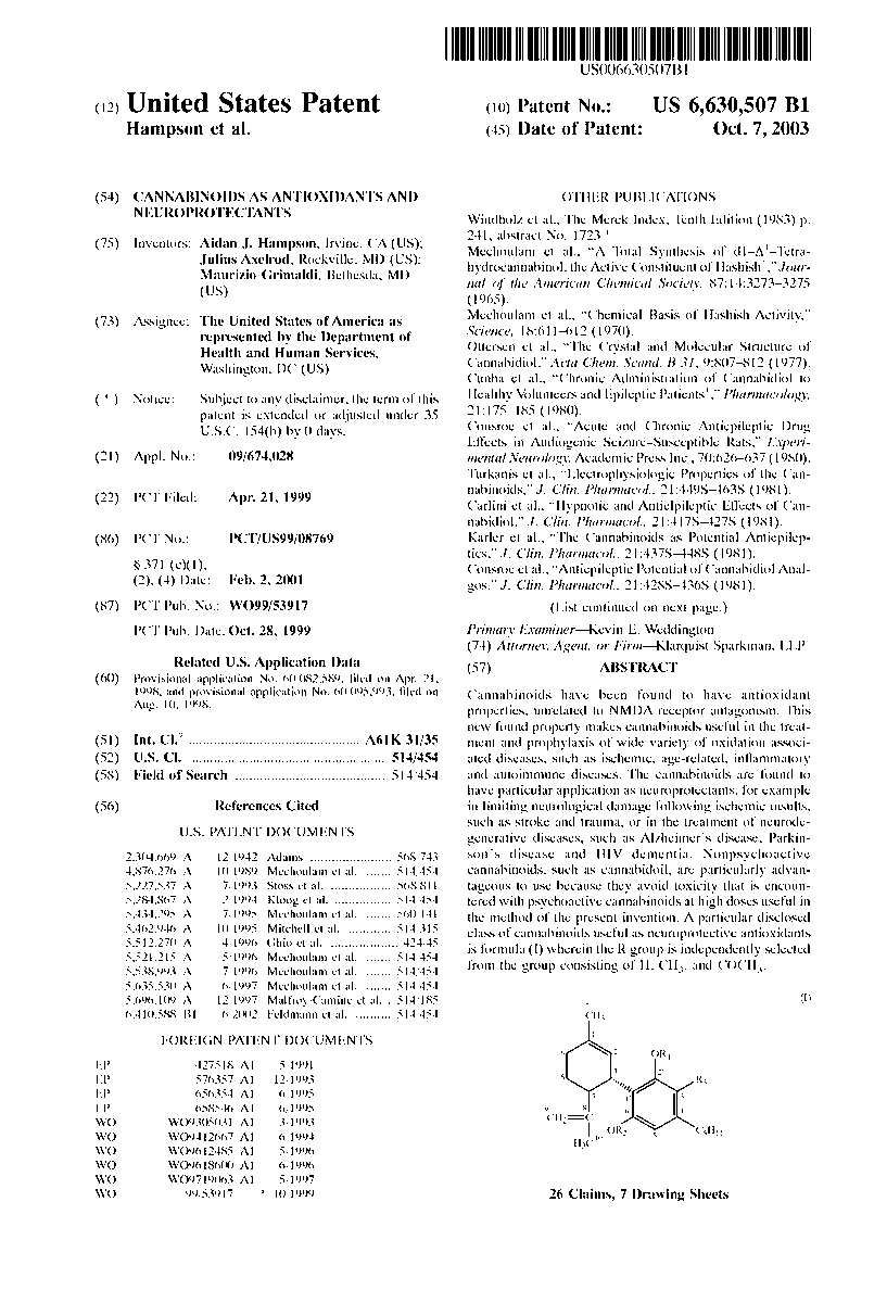 Giuliano1922's tweet photo. @MarijuanaMoment Well, I think this legal document pretty much answers the debate the DEA has. You see the Dept. of HHS patented cannabis therapy and making derivatives of the natural drugs. The inventor was the 1970 Nobel Laureate in Physiology and Medicine working at NIH in 2000. #DoneYet? https://t.co/1bC91m6s1V