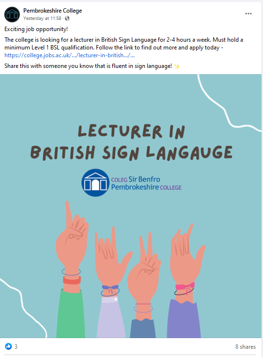 Deaf's tweet photo. This should be obvious but it seems not, you cannot be a "Lecturer in British SIgn Language" if you have BSL Level 1.  I am pretty sure they would not employ a Lecturer of English or Welsh for someone with GCSE grade D to G. Yet this is what is happening with BSL @PembsCollege https://t.co/8QwDRX5O92