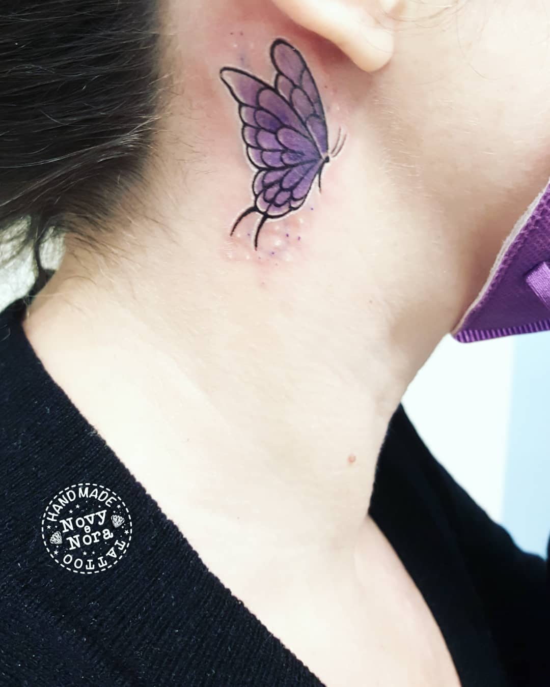 Big Purple Butterfly Tattoo Behind Ear