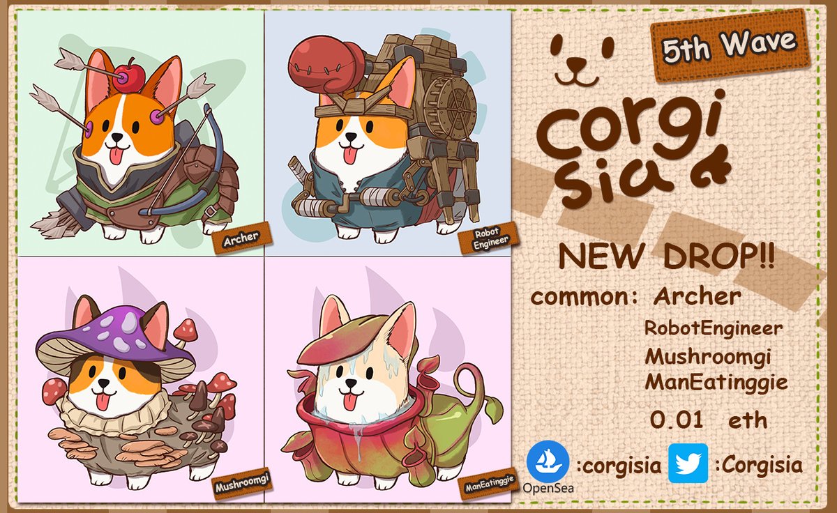 NEW DROP!! Corgisia 5th Wave The world of Corgigie.
Let's get them all!!!
#24 - 27 <a href="/opensea/">OpenSea</a>

🚩🚩opensea.io/collection/cor…

Discord : discord.gg/SVnubpNguZ

#NFTs #nftcollectors #NFTCommmunity #nftart #NFTTHAILAND #NFTdrops