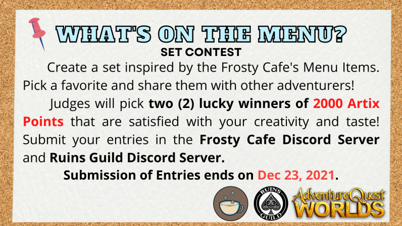 4K AP GIVEAWAY!

Rules are stated below. Submit your sets on both Frosty Cafe's Discord and Ruins Guild Discord servers!

Frosty Cafe: discord.gg/7S7f2trT
Ruins Guild: discord.com/invite/RUINS

This event is brought to you by @FrostyCafe_AE