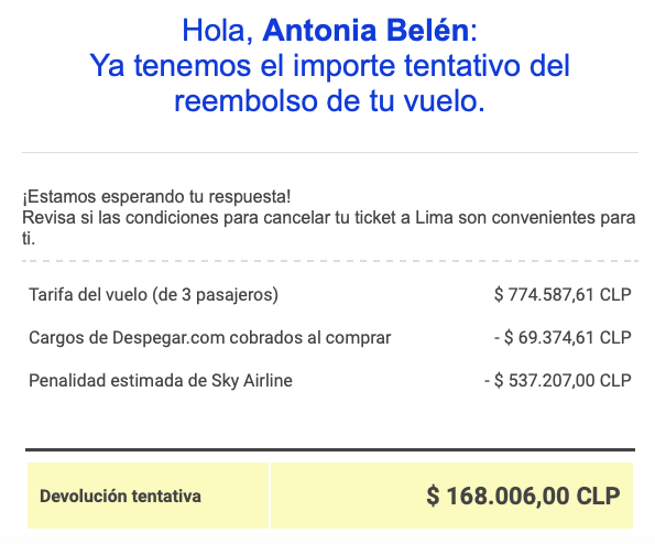 AntoniaBeleen's tweet photo. 1 dia antes del viaje @DespegarCl cancela el vuelo. Ofrecen cambio de fecha, la aceptamos y NUNCA nos confirmamos si íbamos. La agencia no nos ha dejado viajar y hoy me ofrecen esto con penalidad? INSÓLITO! POR FAVOR AYUDA! QUIERO TODO MI DINERO! 
@SERNAC @SKYAirline_CL https://t.co/5le5bmDF2n