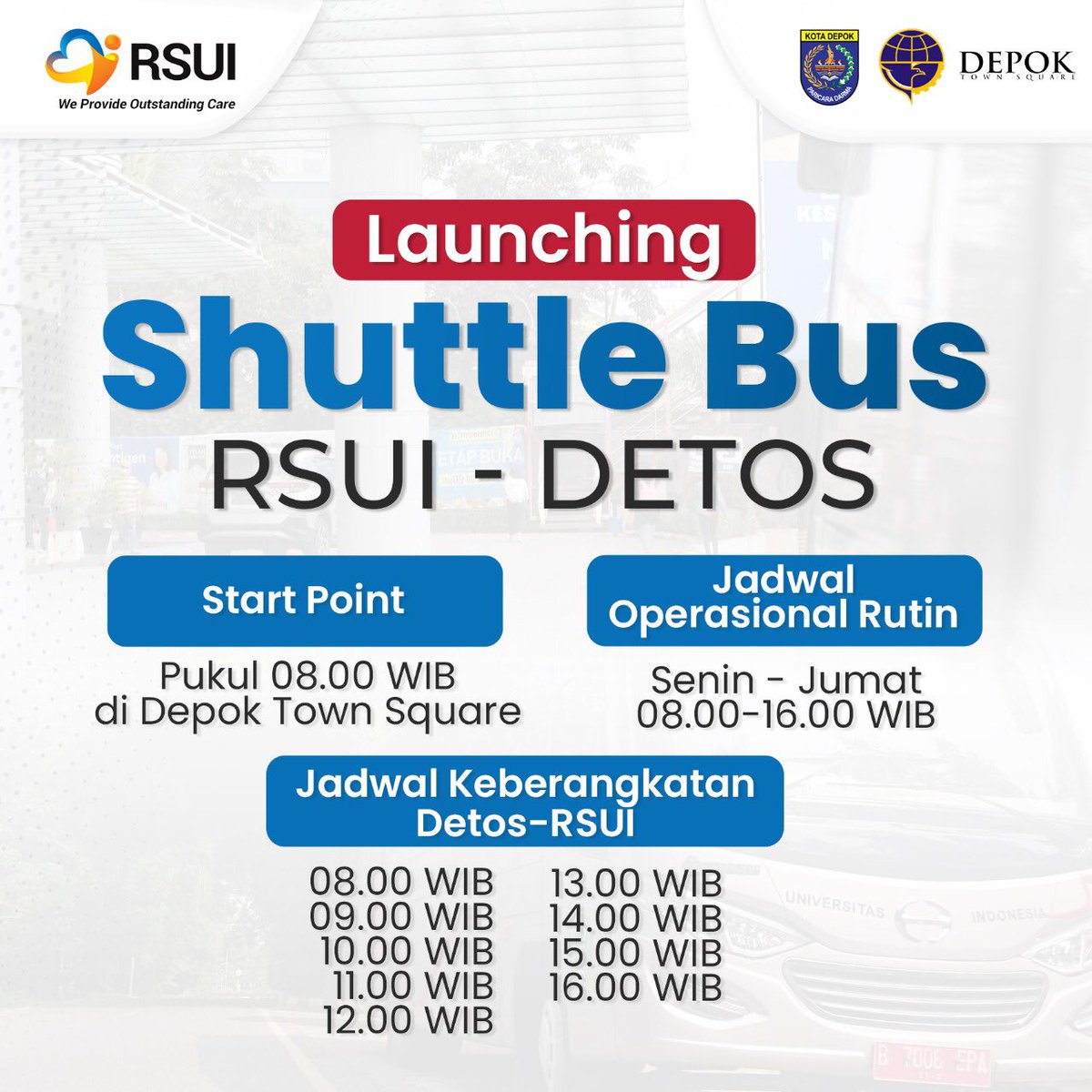 Halo Sahabat RSUI,

Kabar gembira..📣
RSUI kini menyediakan fasilitas *shuttle bus gratis* bagi pasien, pengunjung, dan karyawan RSUI, dengan rute RSUI - Depok Town Square Mal (Detos). Jadwal keberangkatan bus setiap 1 jam sekali. 

Salam Sehat,