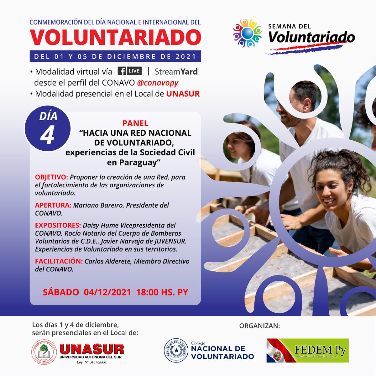ConavOpy's tweet image. Día 4HACIA UNA RED NACIONAL DE VOLUNTARIADO, experiencia de organizaciones de la sociedad civil de Py.Exp. Daisy Hume Vicepresidenta del CONAVO, Rocio Notario del Cuerpo de Bomberos Voluntarios de C.D.E., Javier Narvaja de JUVENSUR. Experiencias de Voluntariado en sus territorios