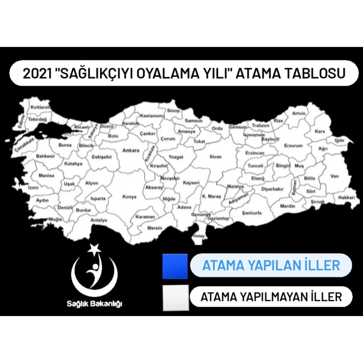 362 gündür tabloda hiçbir değişiklik görülmüyor. Her ay "Önümüzdeki günlerde sağlığa atama" yapılacağını söyleyen yetkililer, her seferinde önümüzdeki günleri tüketip 1 seneyi doldurmuşlardır. Sayın <a href="/drfahrettinkoca/">Dr. Fahrettin Koca</a> 'nın dediği gibi haritayı mavi yapalım. 
#SağlıkçıyıOyalamaYılı