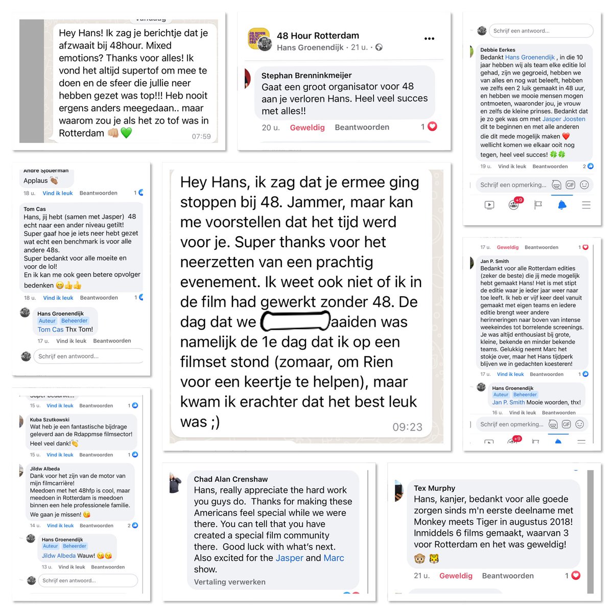 Ik vind het op social media de laatste tijd niet al te gezellig. Maar eerlijk is eerlijk, de reacties op mijn vertrek als organisator van <a href="/48HourRotterdam/">48 Hour Rotterdam</a> zijn alleen maar positief en heel tof om te lezen. Hartverwarmend!