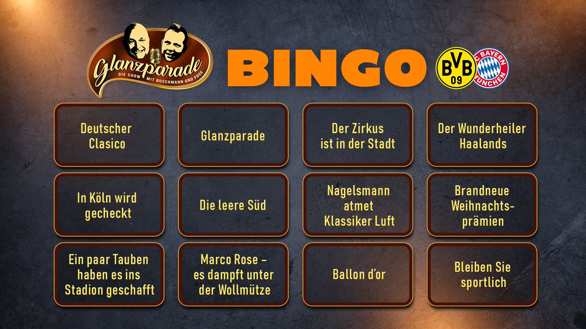 Spielen heute mal #glanzparade Bingo. Auflösung dann nach dem #Klassiker um 21:15 Uhr live aus Dortmund. Glanzparade on Tour mit <a href="/WolffFuss/">Wolff Fuss</a> und <a href="/FrankBuschmann/">Frank Buschmann</a> #skybuli #BVBFCB