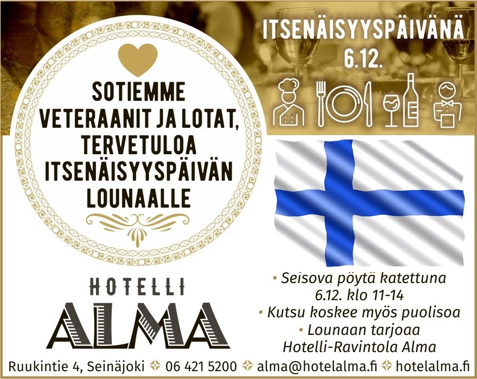 Hotelli_Alma's tweet photo. Itsenäisyyspäivän perinteinen veteraanilounas tarjolla Almassa 6.12. klo 11-14.
Ruokailu onnistuu turvavälein ravintolasalissa tai kabinetissa.
Tarjoamme lounaan niin sotiemme veteraaneille ja lotille sekä heidän puolisoilleen, kuten myös saapumisen mahdollistaville saattajille. https://t.co/QzvRuUL3Yc