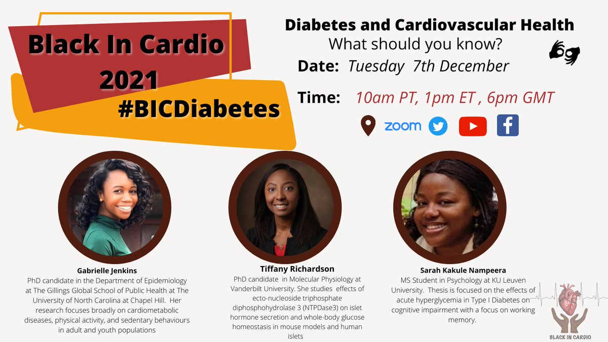 Black In Cardio (@blackincardio) on Twitter photo 🚨🚨Our Day 2 line up for #BlackInCardio2021 will be a panel discussion on #Diabetes with Gabrielle Jenkins ( <a href="/epigeekGab/">epigeekGab</a>) Tiffany Richardson (<a href="/TiffanyMRich/">Tiffany Walther, Ph.D.</a>) , and Sarah Kakule Nampeera ( <a href="/nampeera_sarah/">SarahNampeera</a> ).
🗓️ 7th December
⏰
10AM PT
1 PM ET
6 PM GMT 🚨🚨Our Day 2 line up for #BlackInCardio2021 will be a panel discussion on #Diabetes with Gabrielle Jenkins ( <a href="/epigeekGab/">epigeekGab</a>) Tiffany Richardson (<a href="/TiffanyMRich/">Tiffany Walther, Ph.D.</a>) , and Sarah Kakule Nampeera ( <a href="/nampeera_sarah/">SarahNampeera</a> ).
🗓️ 7th December
⏰
10AM PT
1 PM ET
6 PM GMT