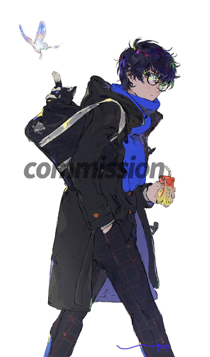 amamiya ren ,morgana (persona 5) 1boy male focus bag glasses pants blue scarf cat  illustration images