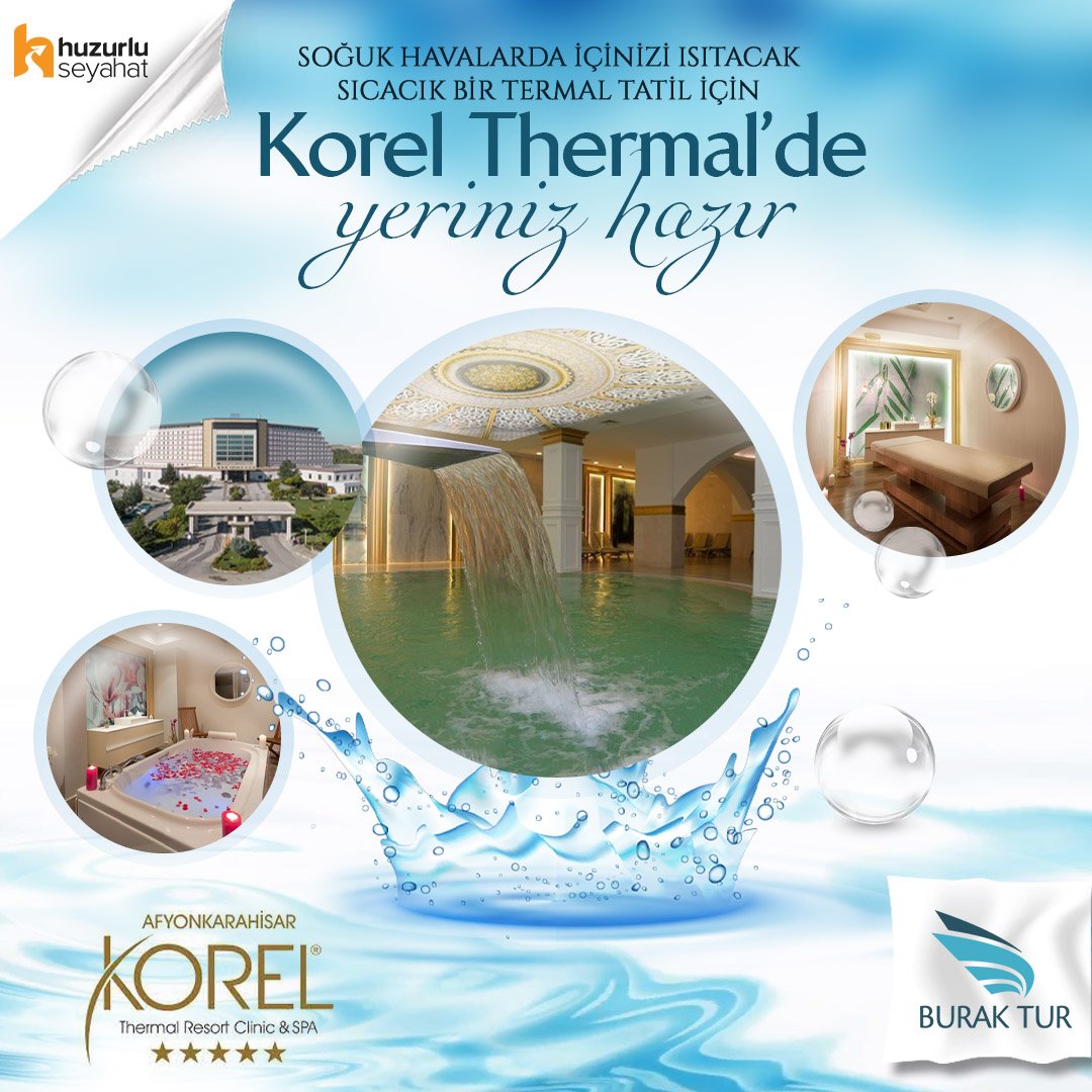 ❄️ Soğuk havalarda içinizi ısıtacak ☀️ sıcacık bir termal tatil için 5* Afyon Korel Termal Otel'de yeriniz hazır.
📌 Bay ve bayanlara özel termal havuz
🗓️ 17-20 Aralık / 3 Gece
🗓️ 17-19 Aralık / 2 Gece
🗓️ 18-20 Aralık / 2 Gece
Detaylı bilgi ve rezervasyon: buraktur.com/Korel-Thermal-…