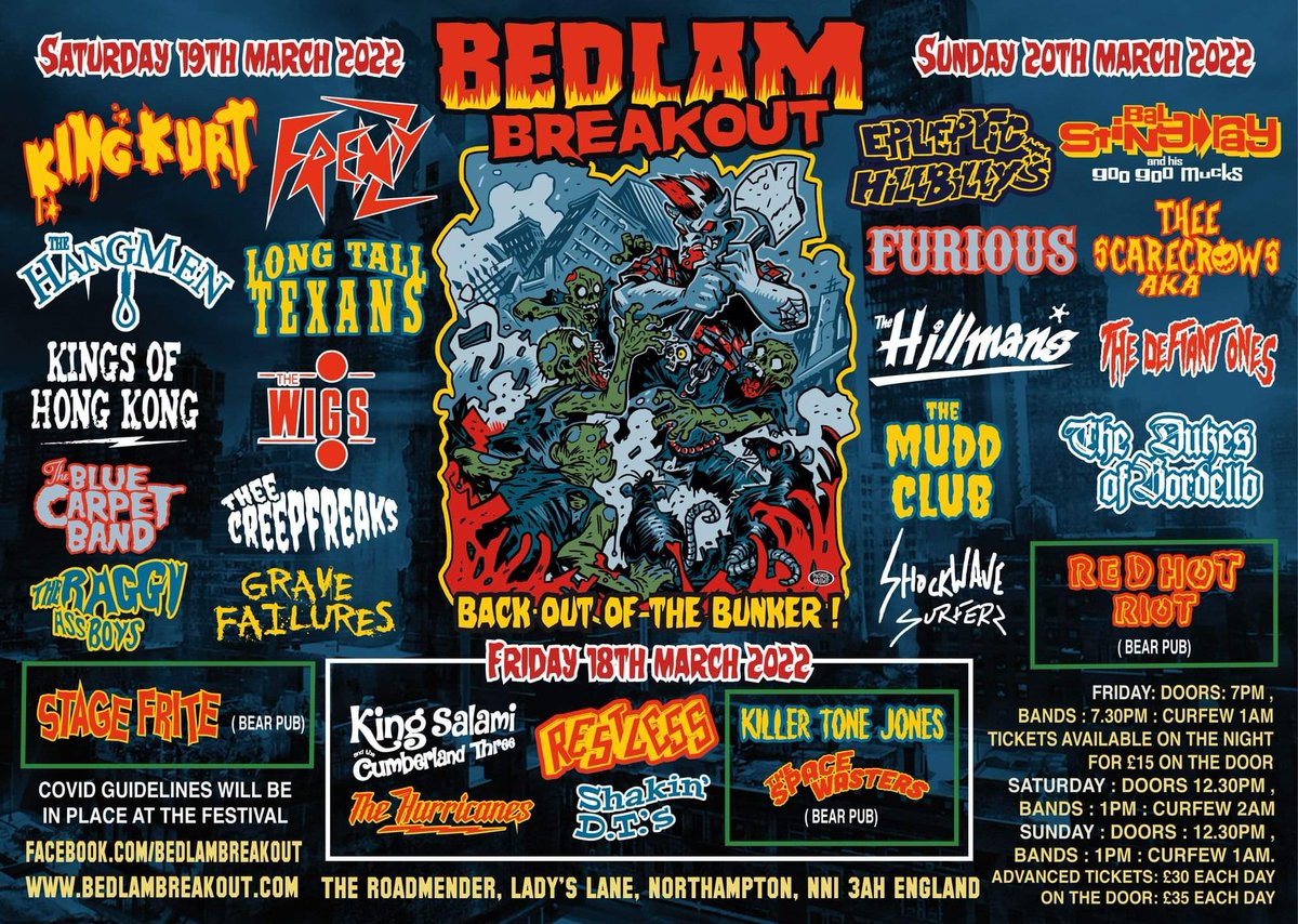 Bedlam breakout march 2022 lineup is complete!
Tickets are on sale at bedlambreakout.com/tickets/

#psychobilly #bedlambreakout