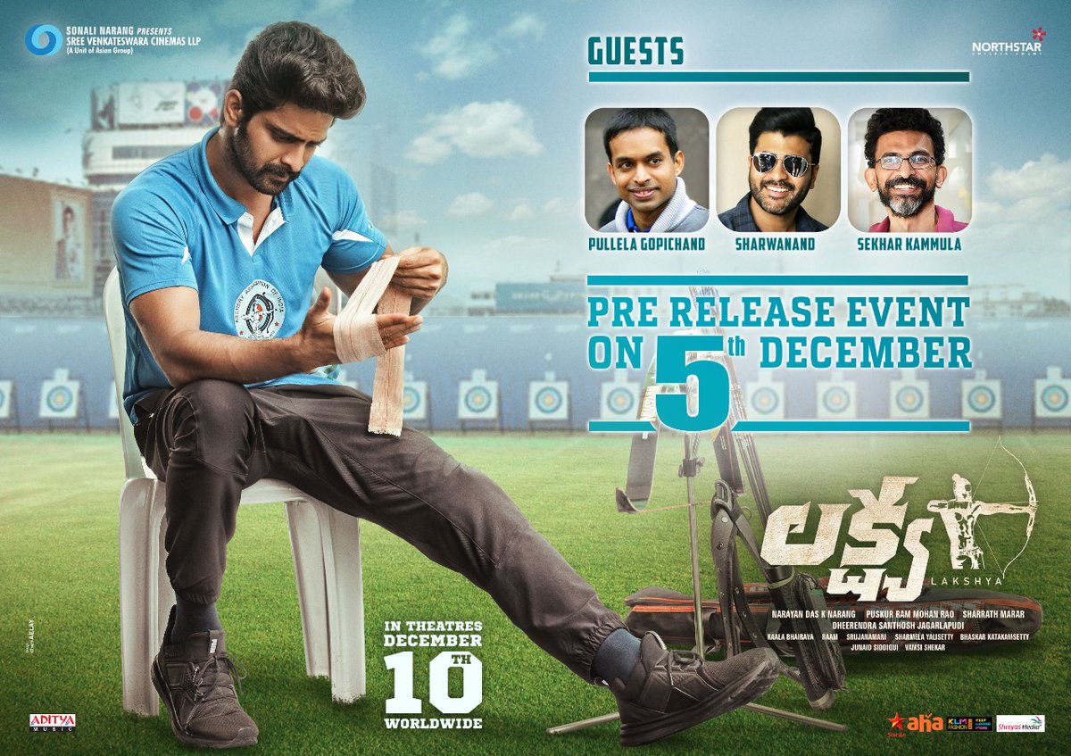 telugupicture's tweet photo. All set for the Grand Pre Release Event of #Lakshya🏹 on Dec 5th! 

#PullelaGopichand @ImSharwanand
&amp; @sekharkammula will grace the event

#LakshyaOnDec10th
@IamNagashaurya #KetikaSharma @IamJagguBhai @SVCLLP @nseplofficial @Santhosshjagar1 @kaalabhairava7 @adityamusic https://t.co/G4ImA8HxAf