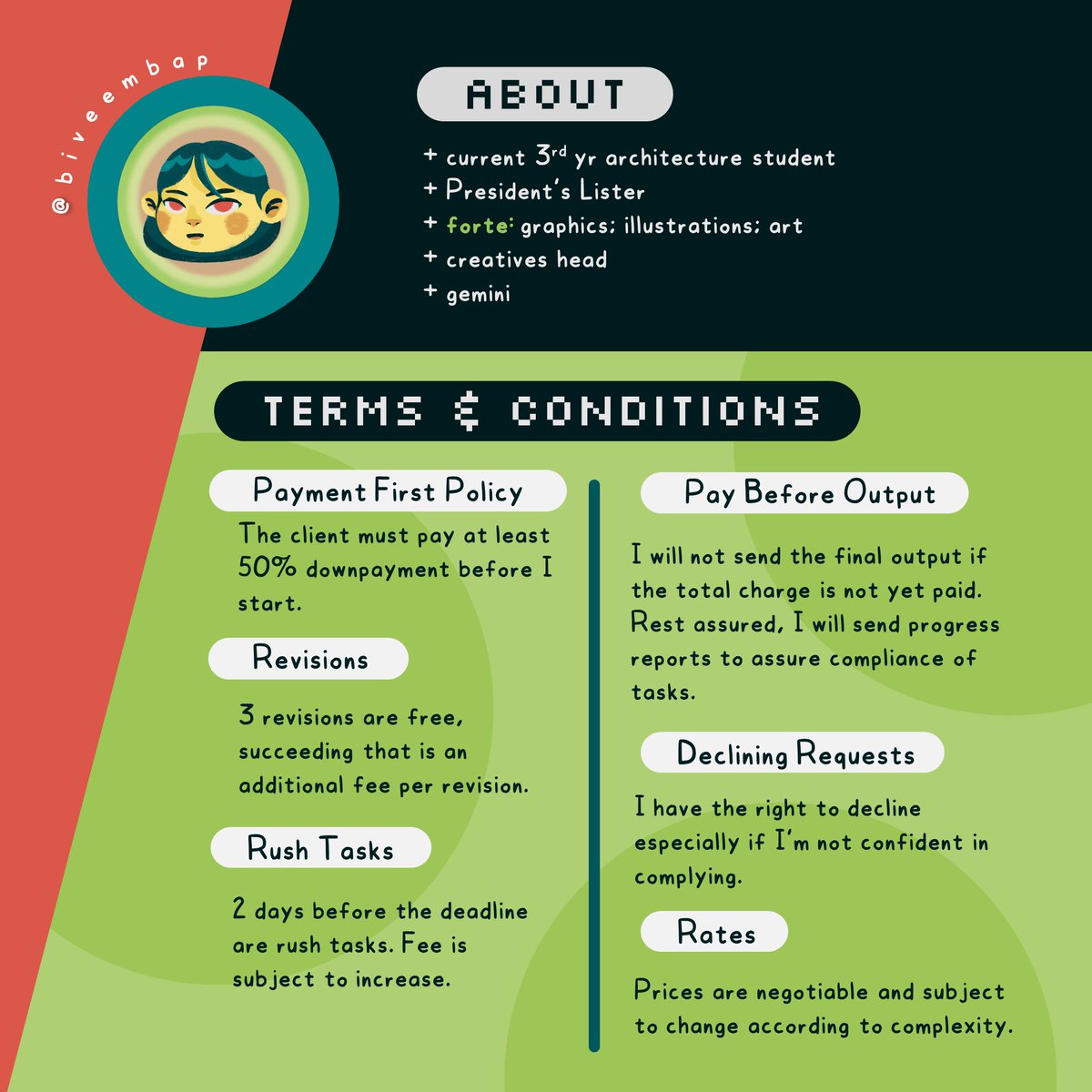biveembap's tweet photo. hi, im vee ✨ &amp; im an archi student needing funds; i mainly: 
⤿ do ppt, infographics, poster commissions etc. 
⤿ accept academic tasks

please read my commission sheet below &amp; don't hesitate to dm me pleek 😔✋
visit 🔗 https://t.co/dZLGodjr5S for my works ⚡️

#artph #comms https://t.co/E094TXZ5Xe